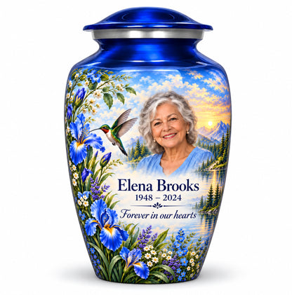 Blue Hummingbird Iris Urn with Photo | Yatskia