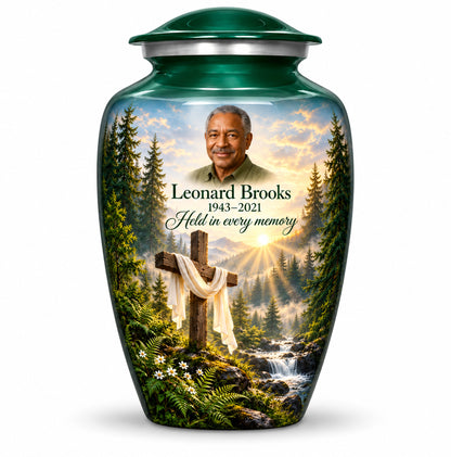 Green Forest Cross Photo Cremation Urn for Ashes | Yatskia