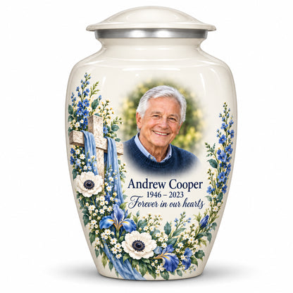 White Cross Urn with Blue Flowers | Photo and Keepsake Urns