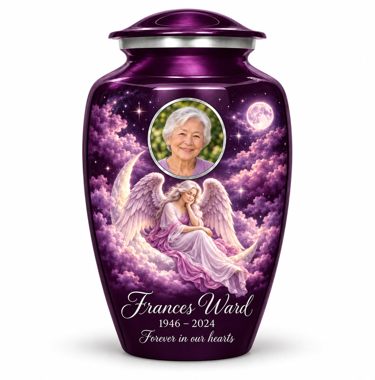 Purple Moon Angel Cremation Urn with Framed Photo | yatskia