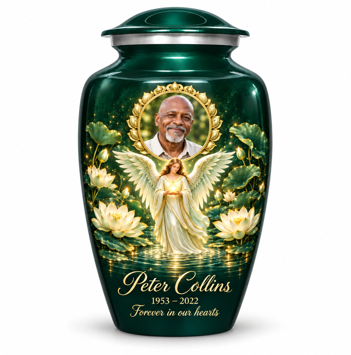 Green Lotus Angel Memorial Urn with Framed Photos | yatskia