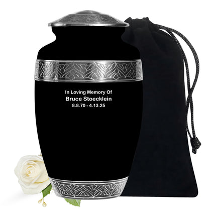 Black Personalized Artistic Cremation Urn for Human Ashes - 10-inch, 200 cu in - Yatskia