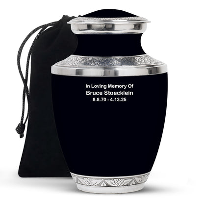 Black Personalized Artistic Cremation Urn for Human Ashes - 10-inch, 200 cu in - Yatskia