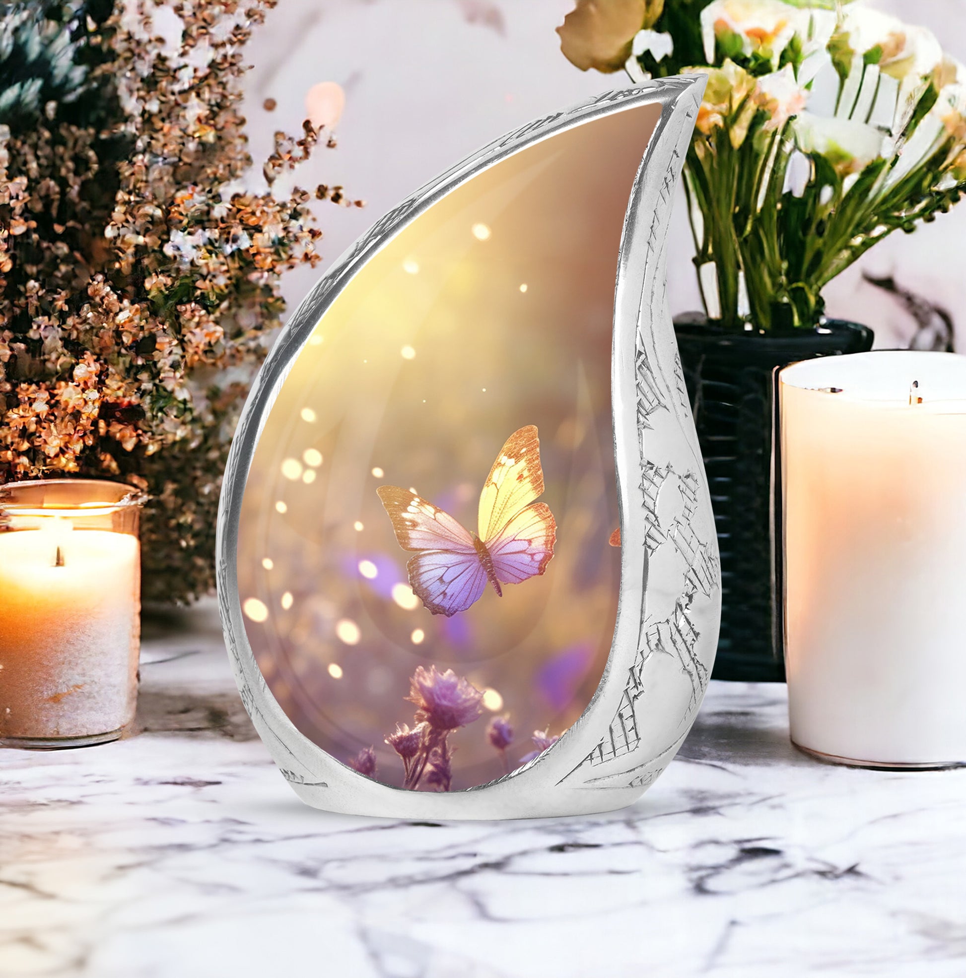 purple Butterfly & flower Urn - Sunset Memorial Urn For Funeral