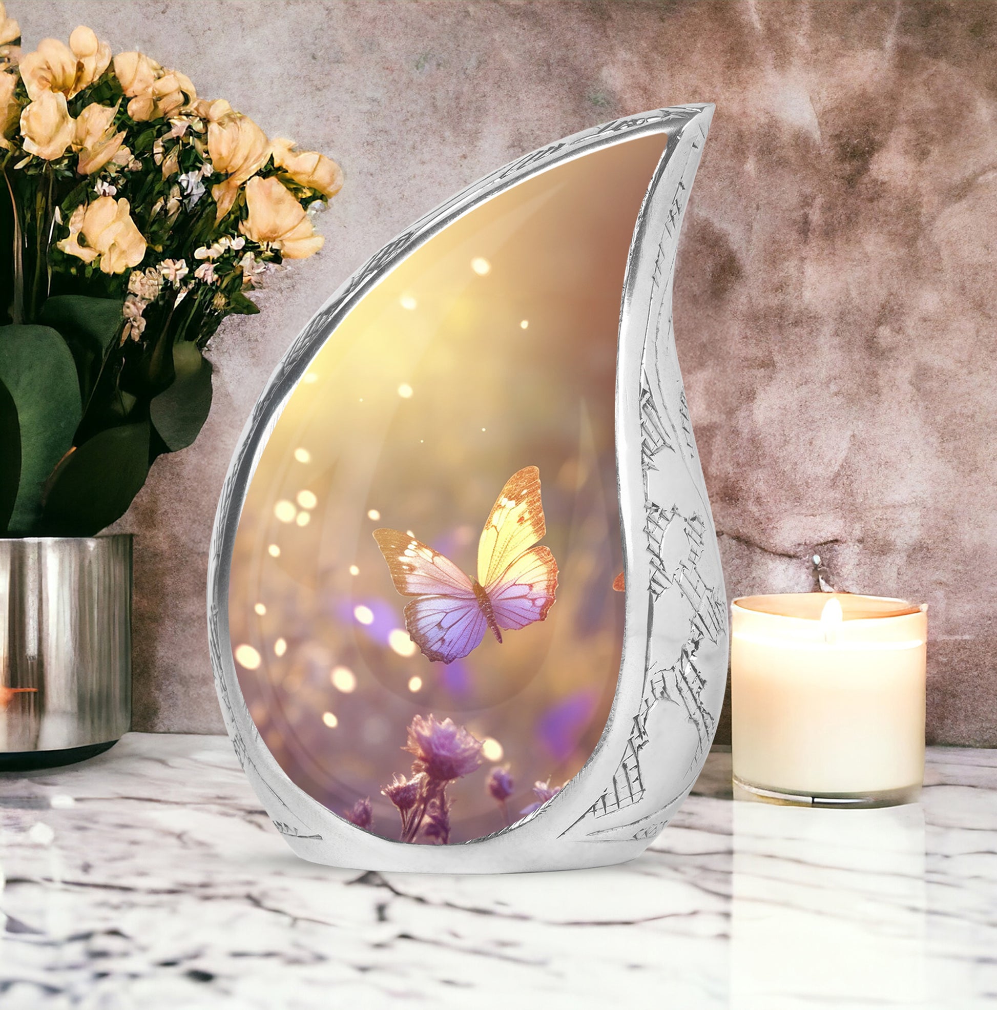 purple Butterfly & flower Urn - Sunset Memorial Urn For Funeral