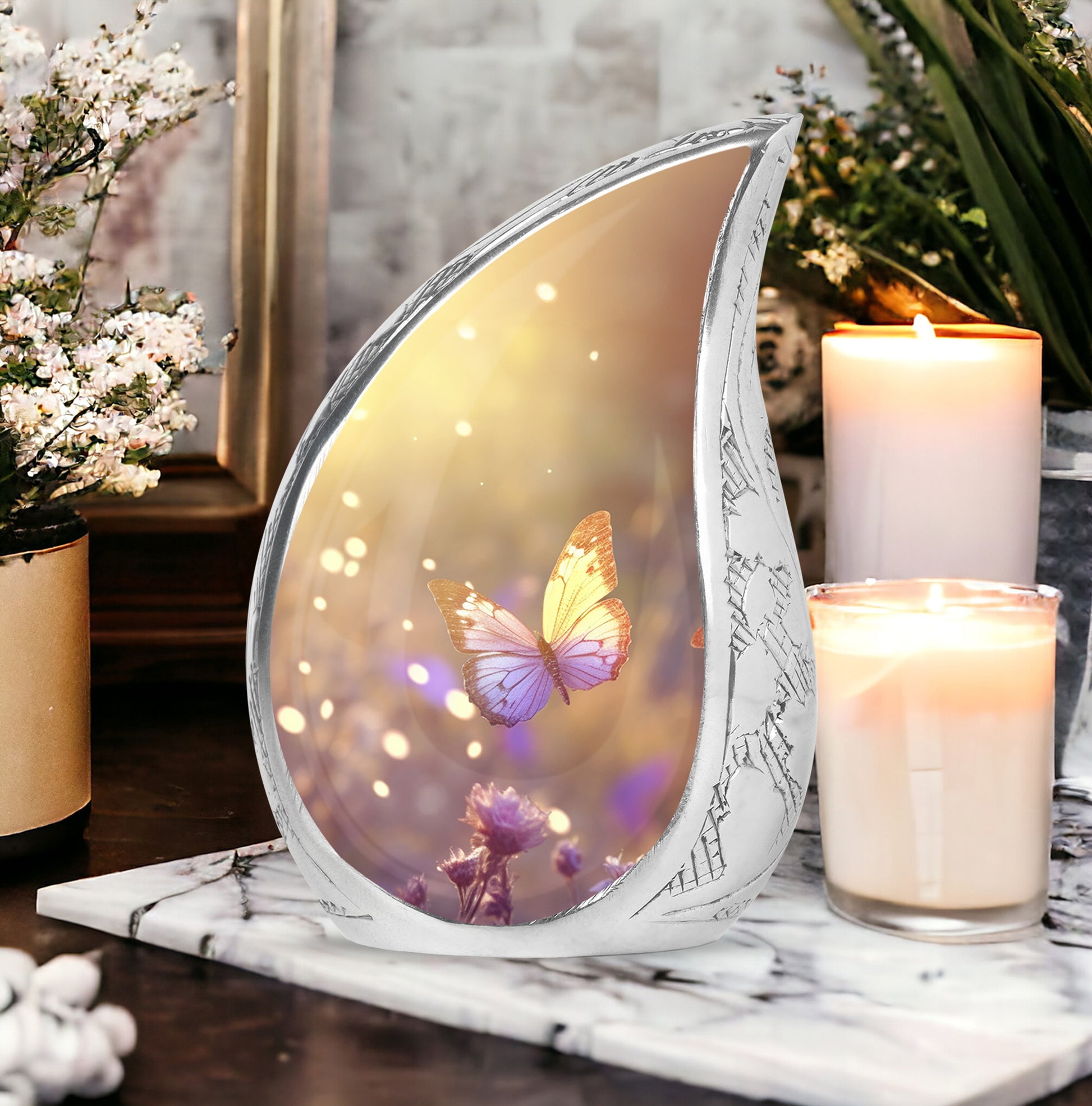 purple Butterfly & flower Urn - Sunset Memorial Urn For Funeral