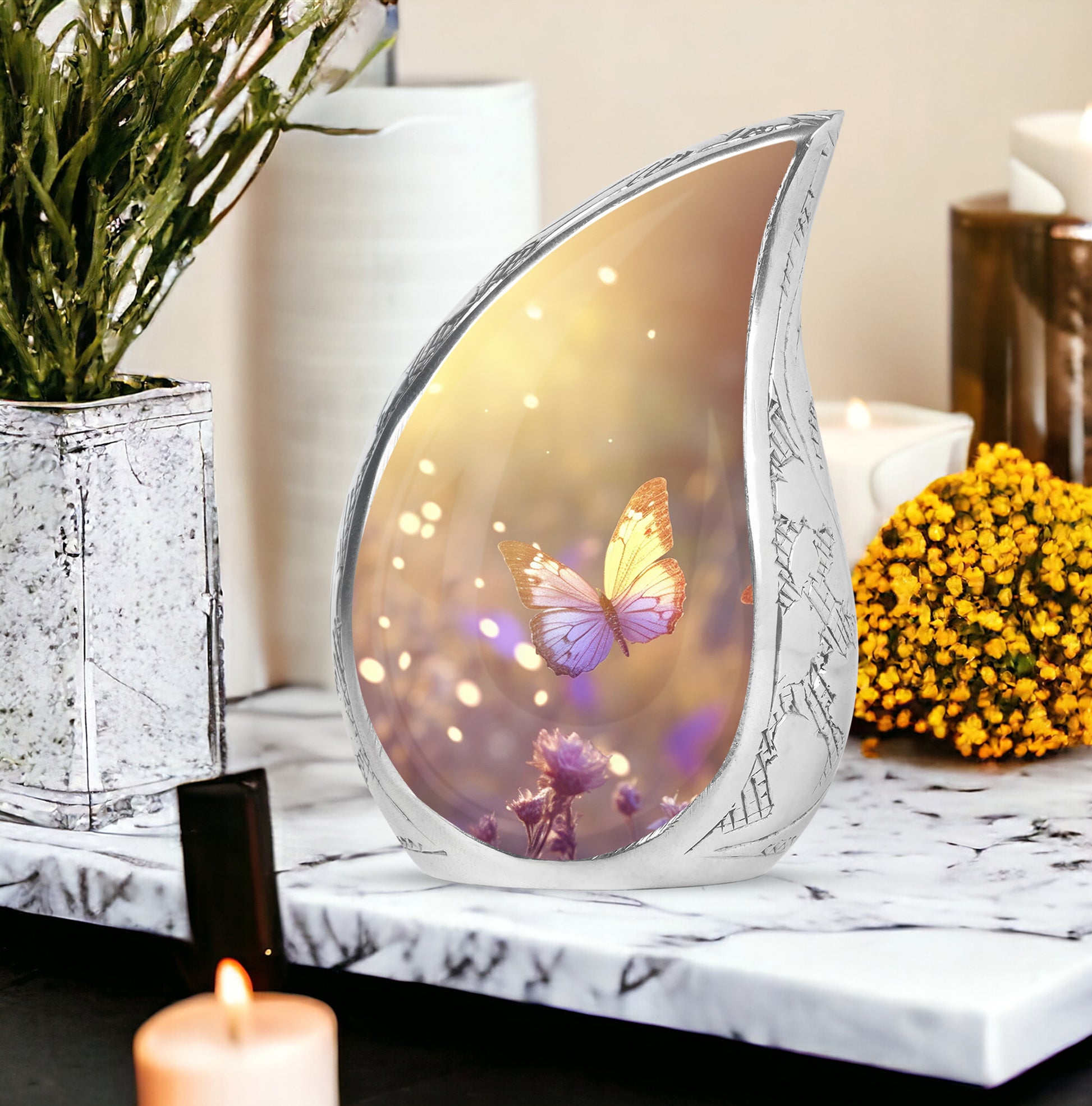purple Butterfly & flower Urn - Sunset Memorial Urn For Funeral