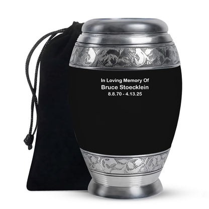 Black Personalized Artistic Cremation Urn for Human Ashes - 10-inch, 200 cu in - Yatskia