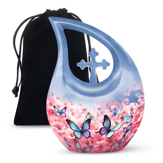 10-inch Butterfly Urn with Cross Drop design and Customization option, ideal as memorial and Cremation Urn
