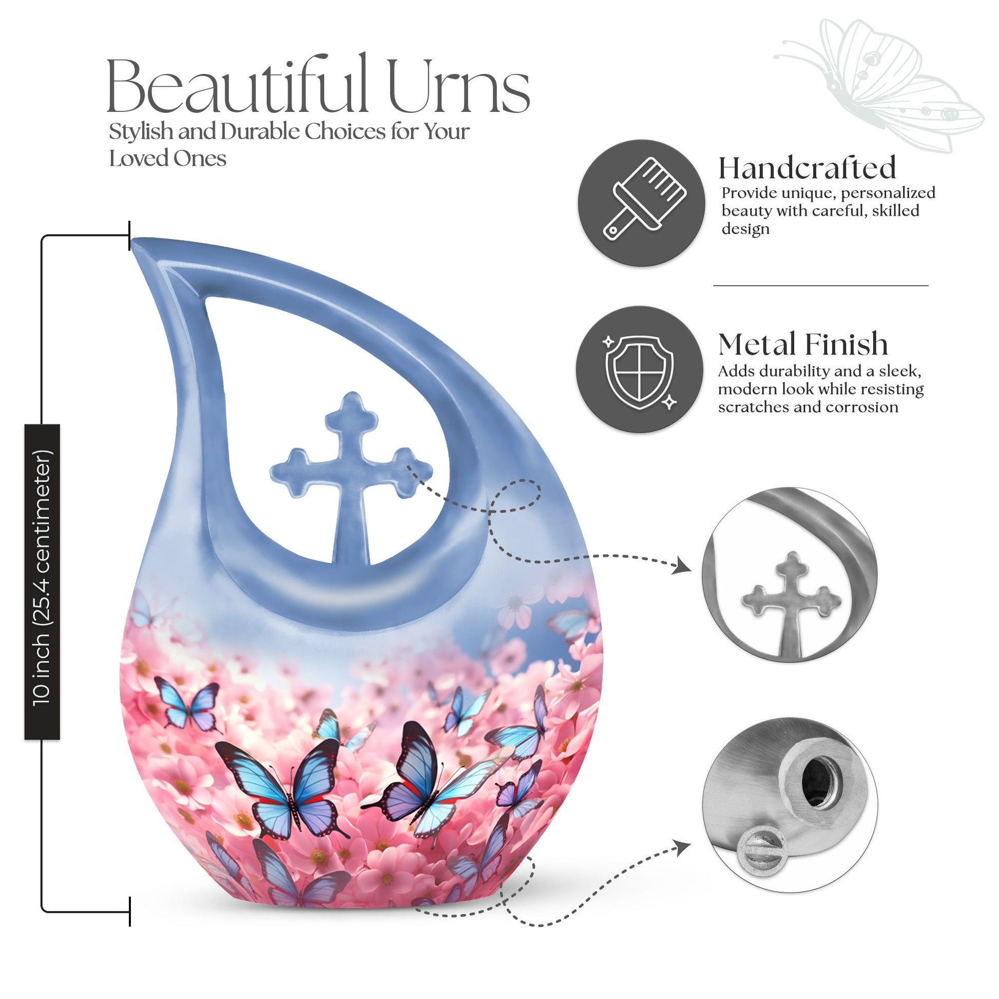 10-inch Butterfly Urn with Cross Drop design and Customization option, ideal as memorial and Cremation Urn