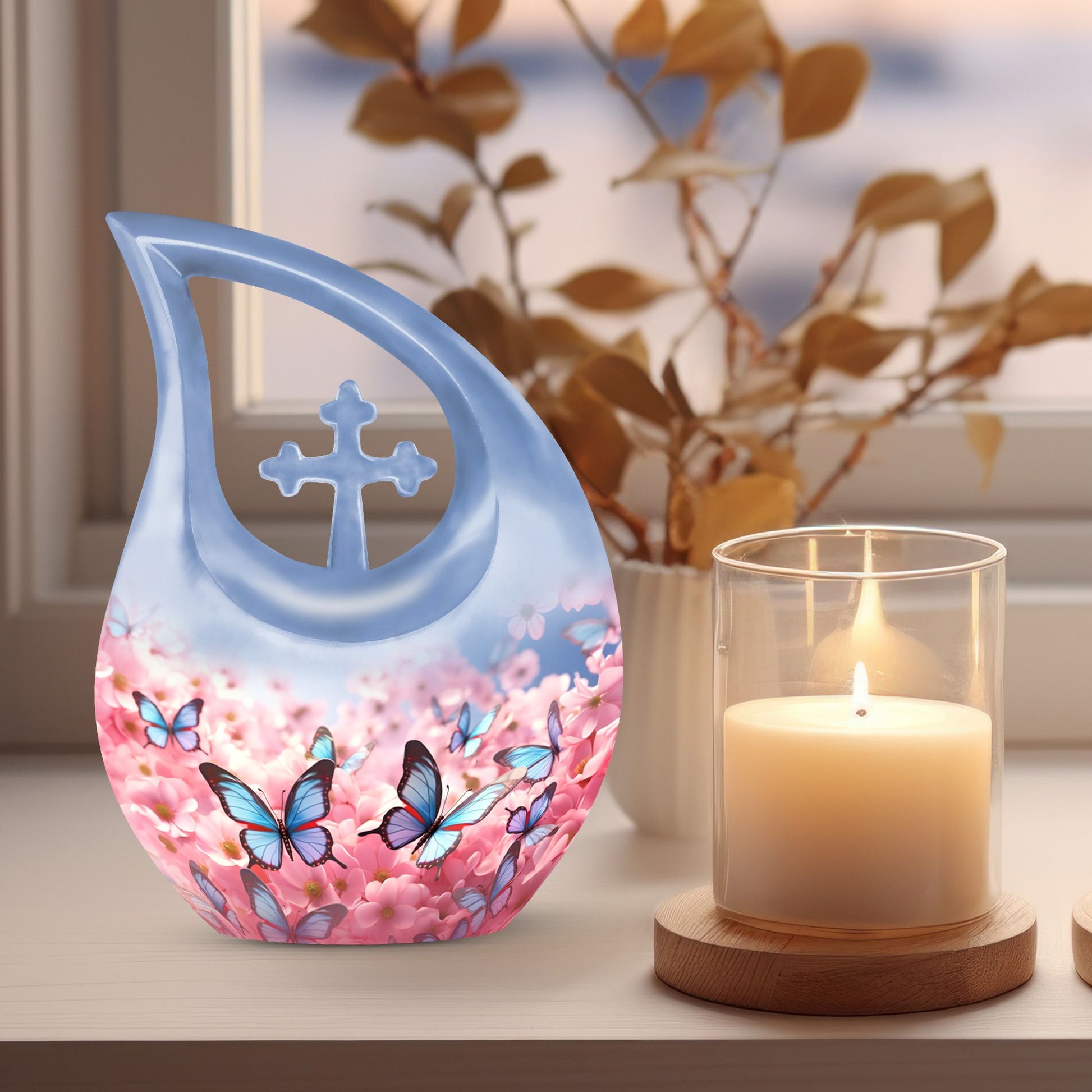 10-inch Butterfly Urn with Cross Drop design and Customization option, ideal as memorial and Cremation Urn