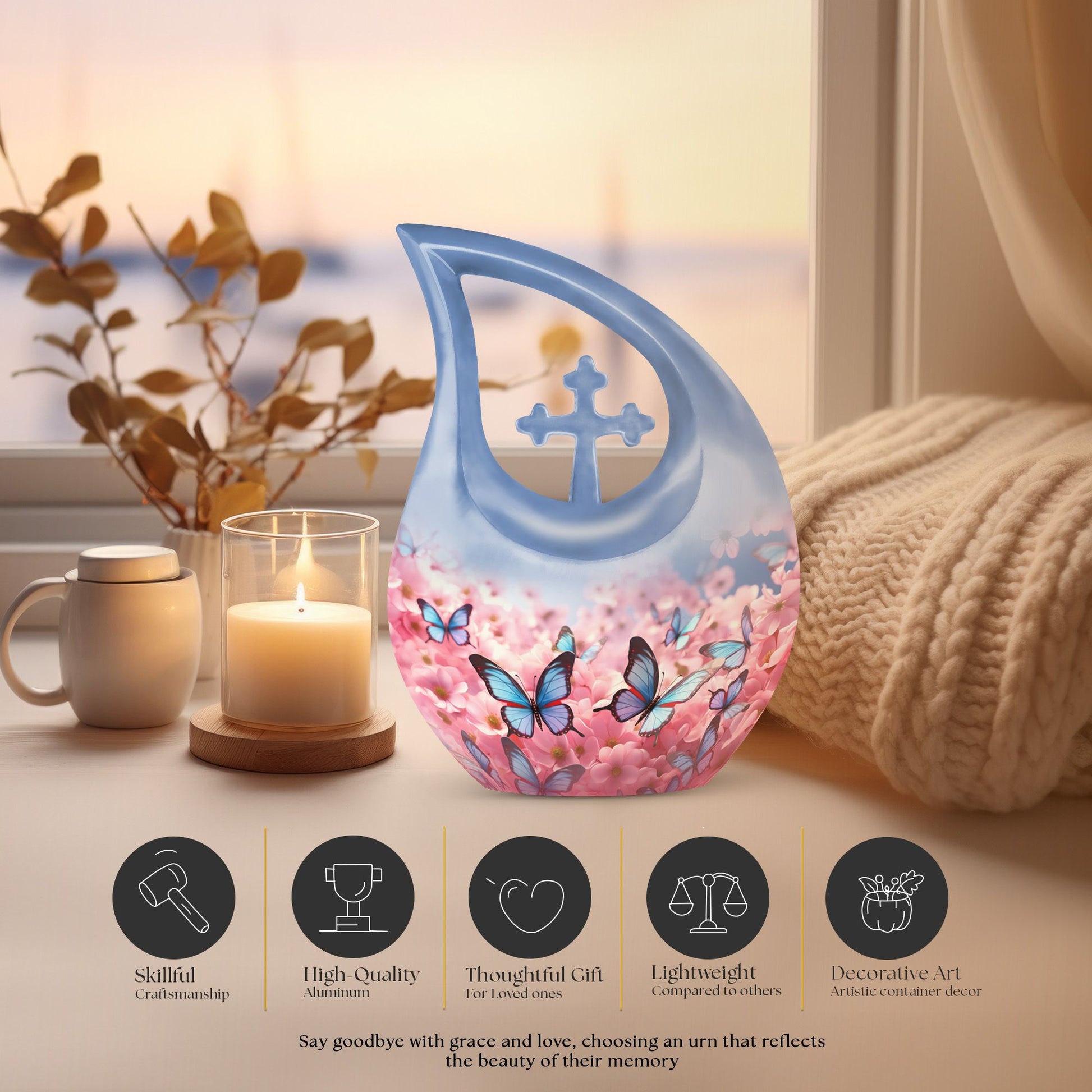 10-inch Butterfly Urn with Cross Drop design and Customization option, ideal as memorial and Cremation Urn