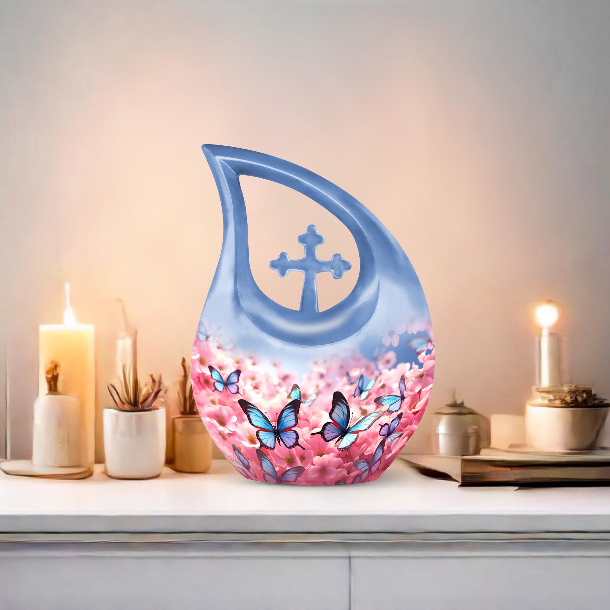 10-inch Butterfly Urn with Cross Drop design and Customization option, ideal as memorial and Cremation Urn
