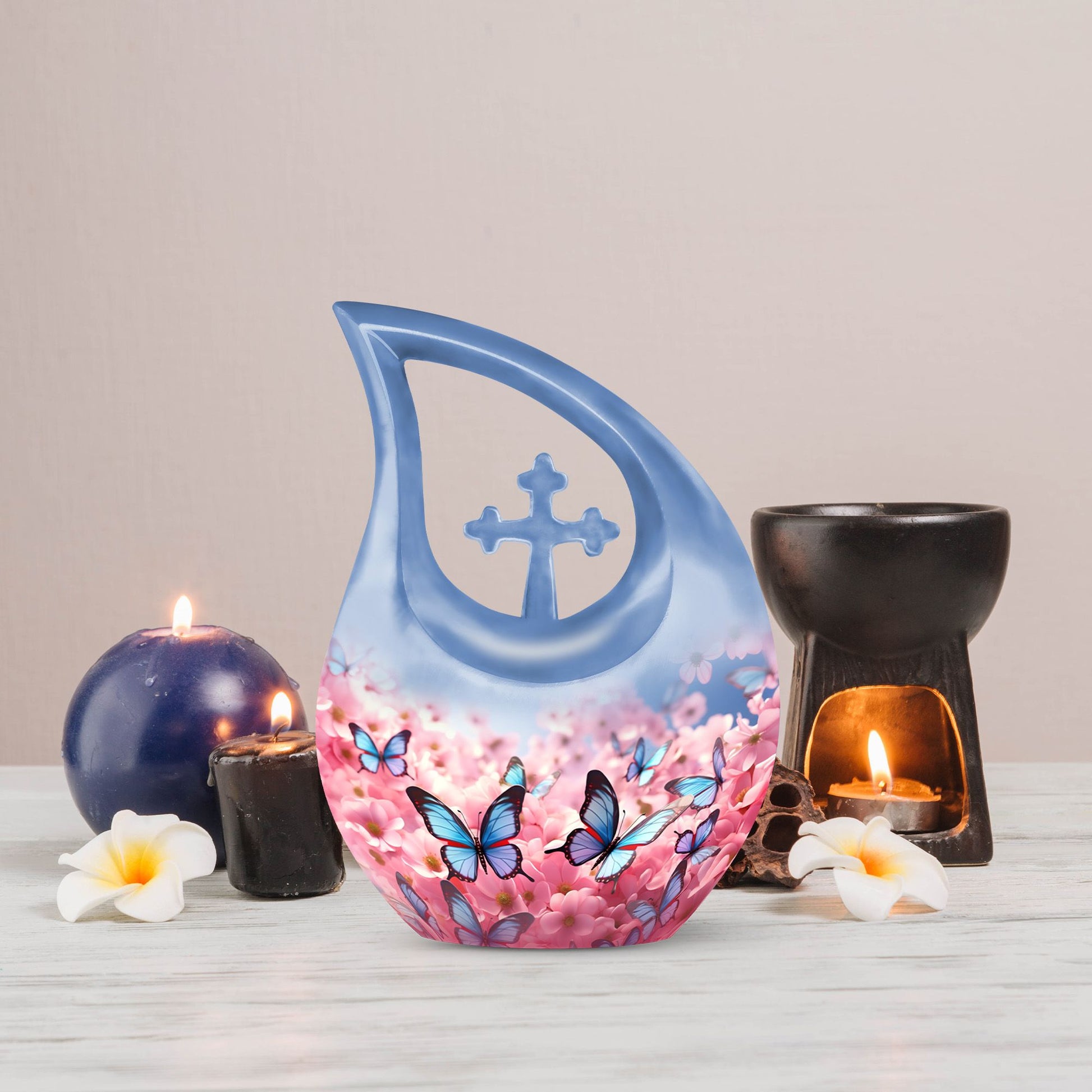 10-inch Butterfly Urn with Cross Drop design and Customization option, ideal as memorial and Cremation Urn