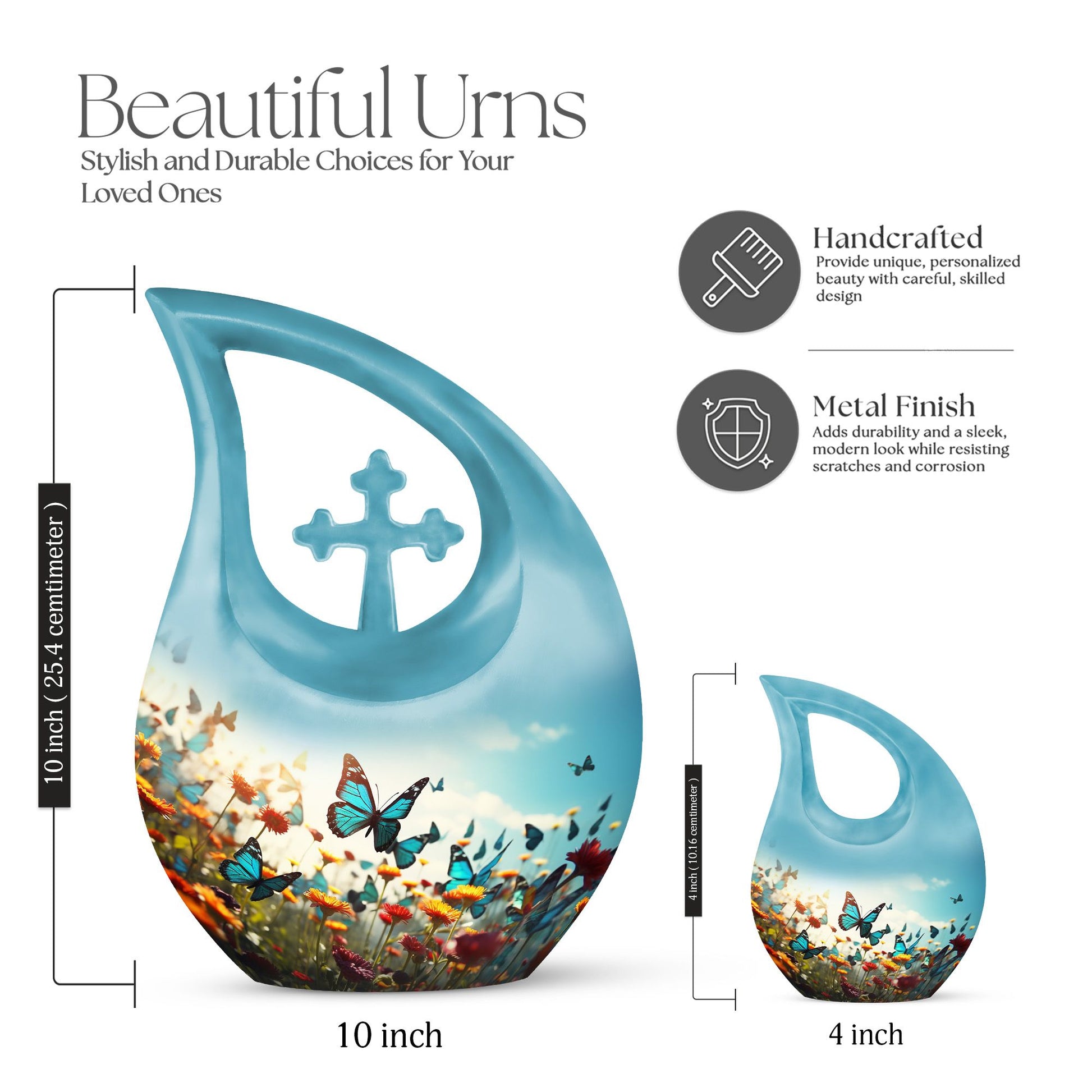 10-inch Butterfly Urn with Cross Drop design for ashes, 