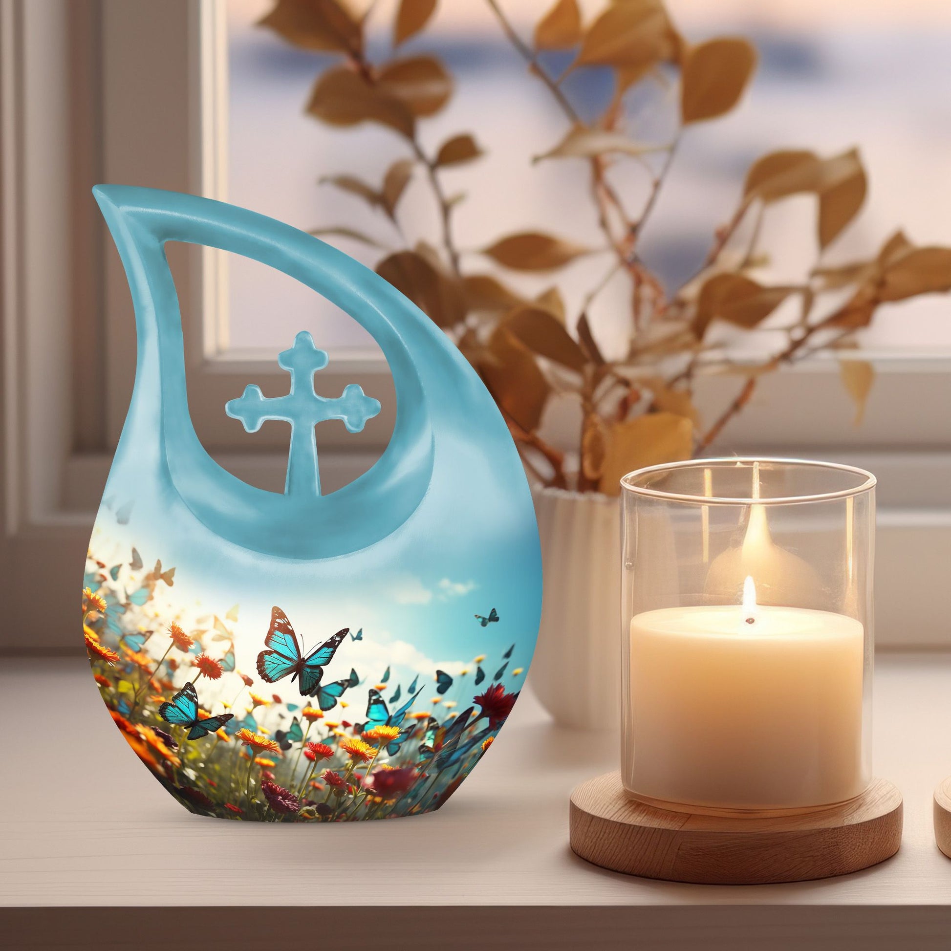 10-inch Butterfly Urn with Cross Drop design for ashes, 