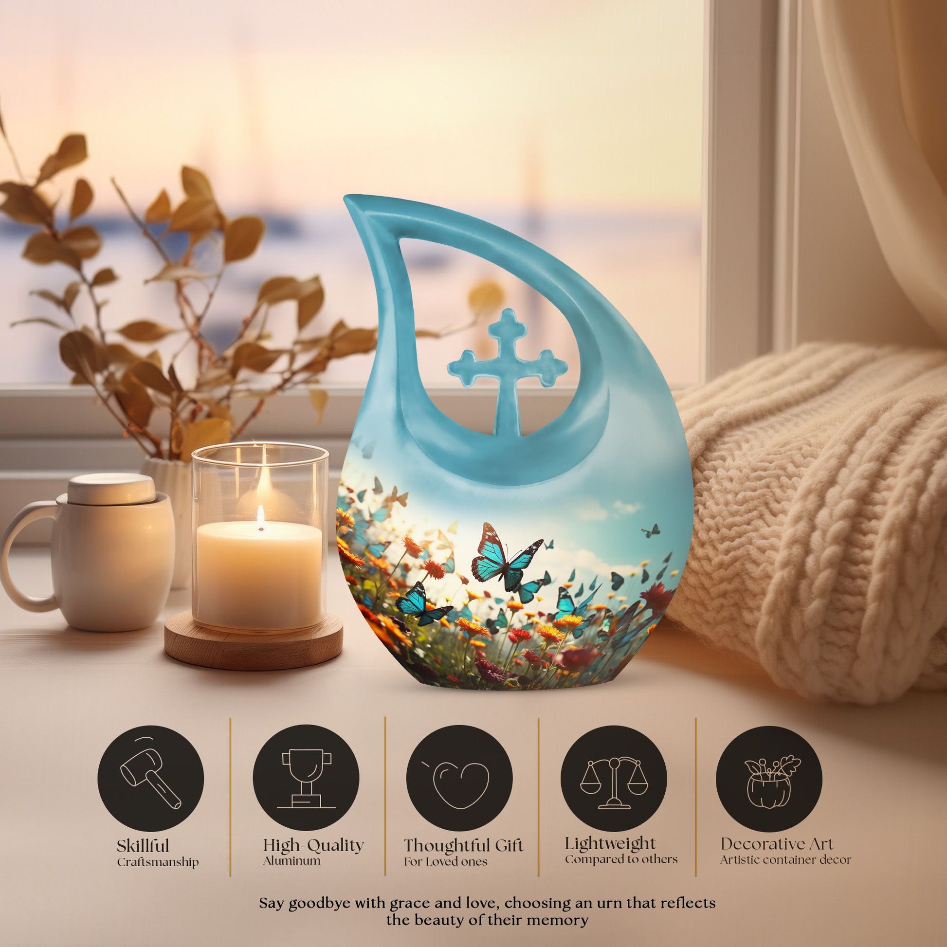 10-inch Butterfly Urn with Cross Drop design for ashes, 