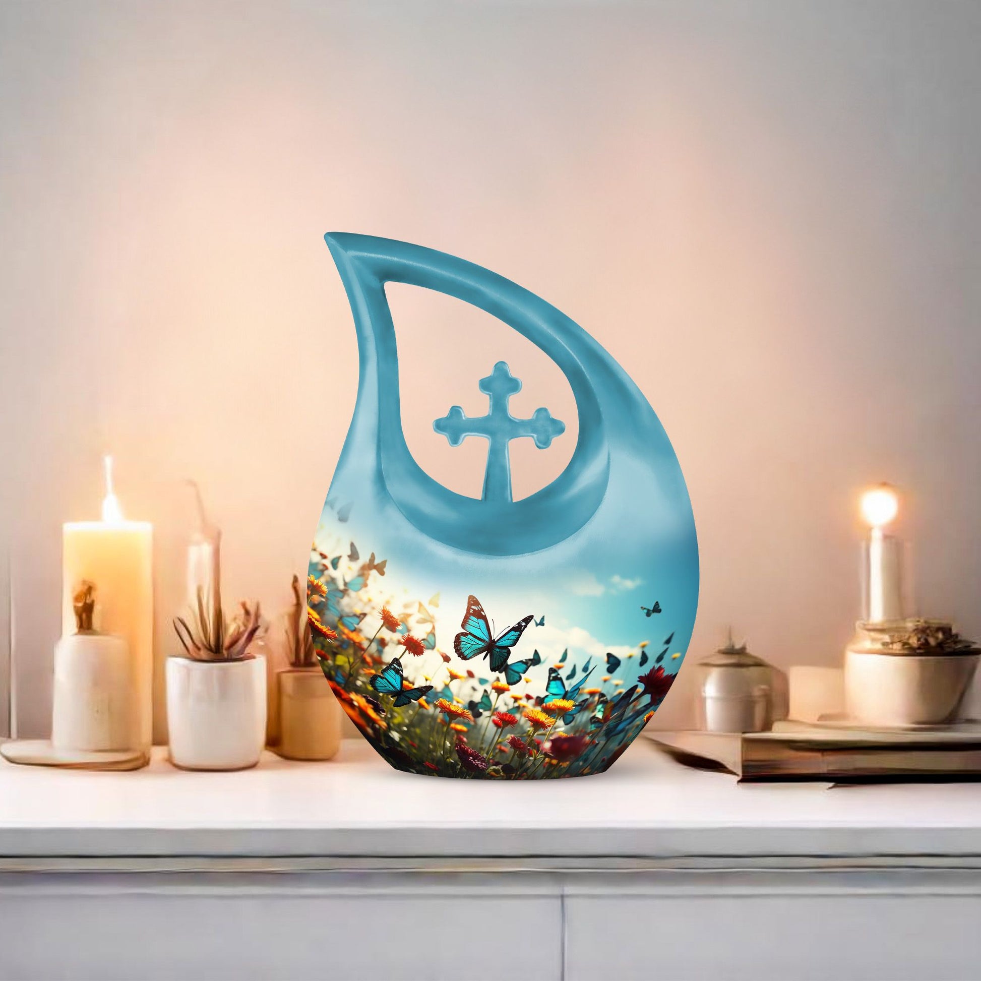 10-inch Butterfly Urn with Cross Drop design for ashes, 