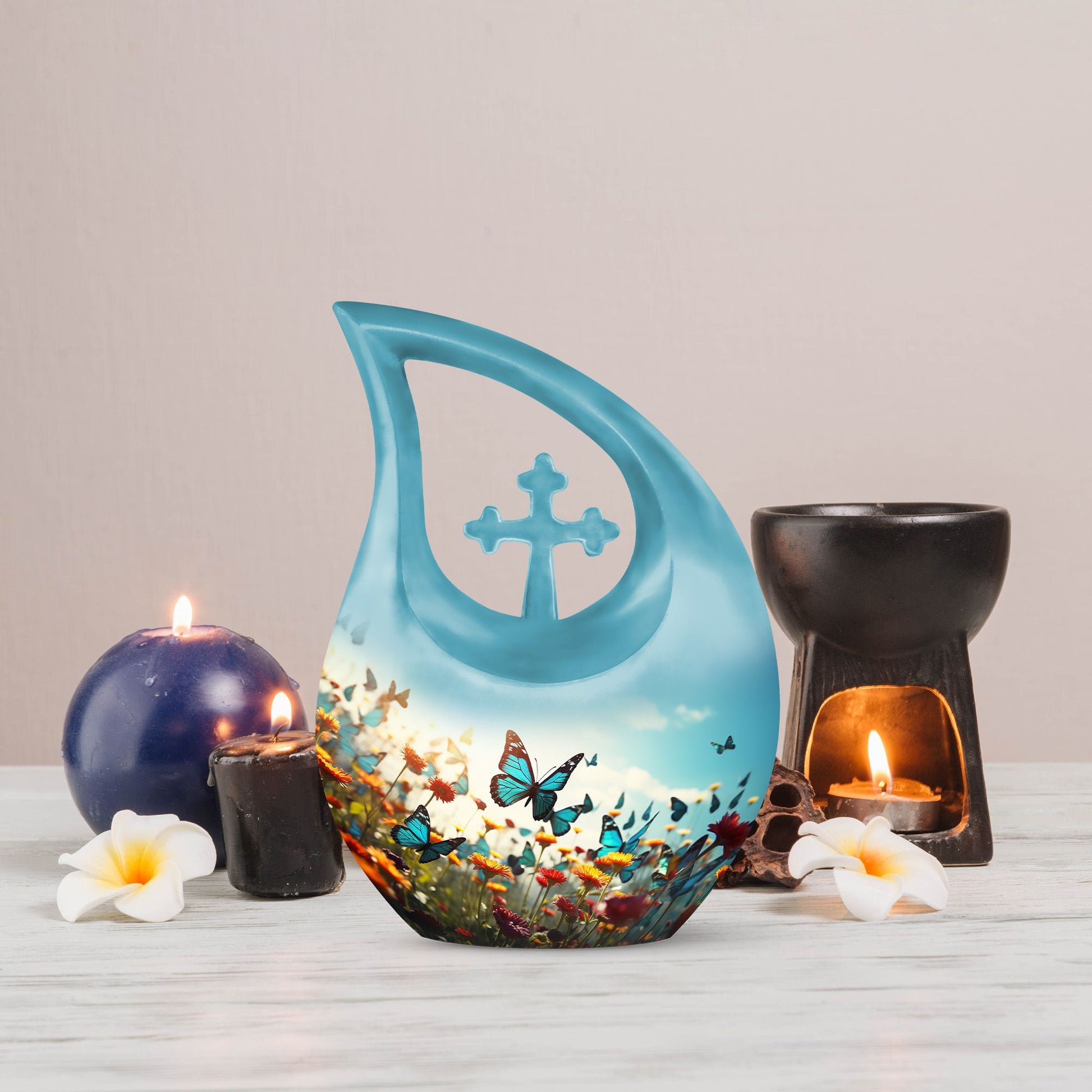 10-inch Butterfly Urn with Cross Drop design for ashes, 