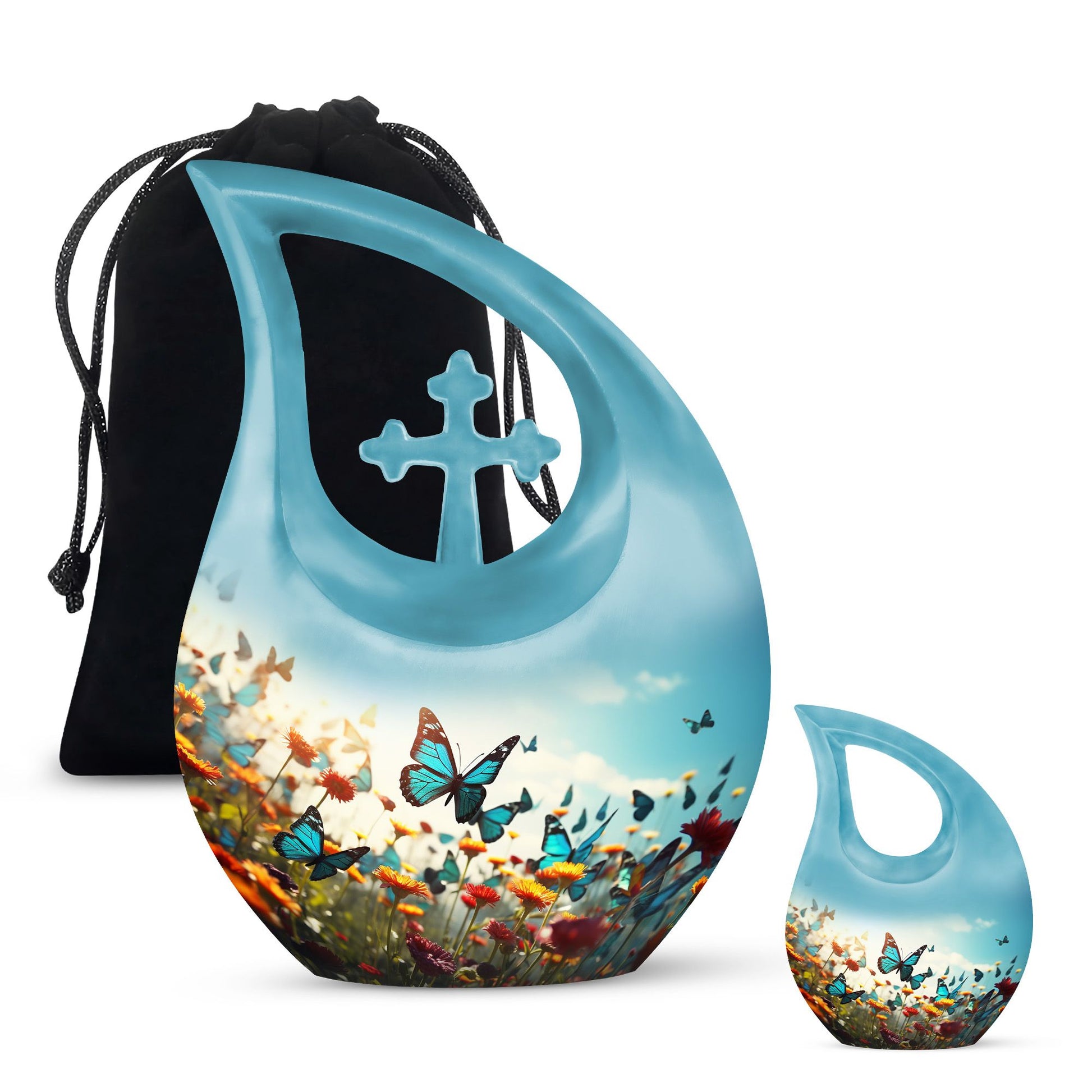 10-inch Butterfly Urn with Cross Drop design for ashes, 
