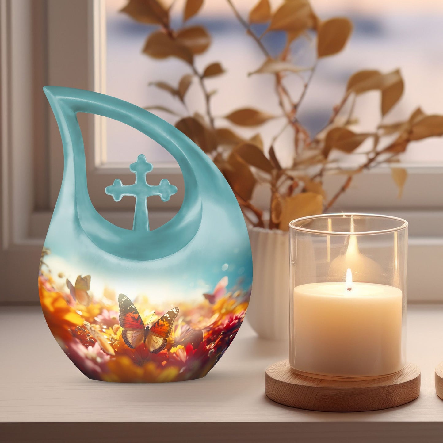 10-inch Butterfly Urn with Cross Drop design