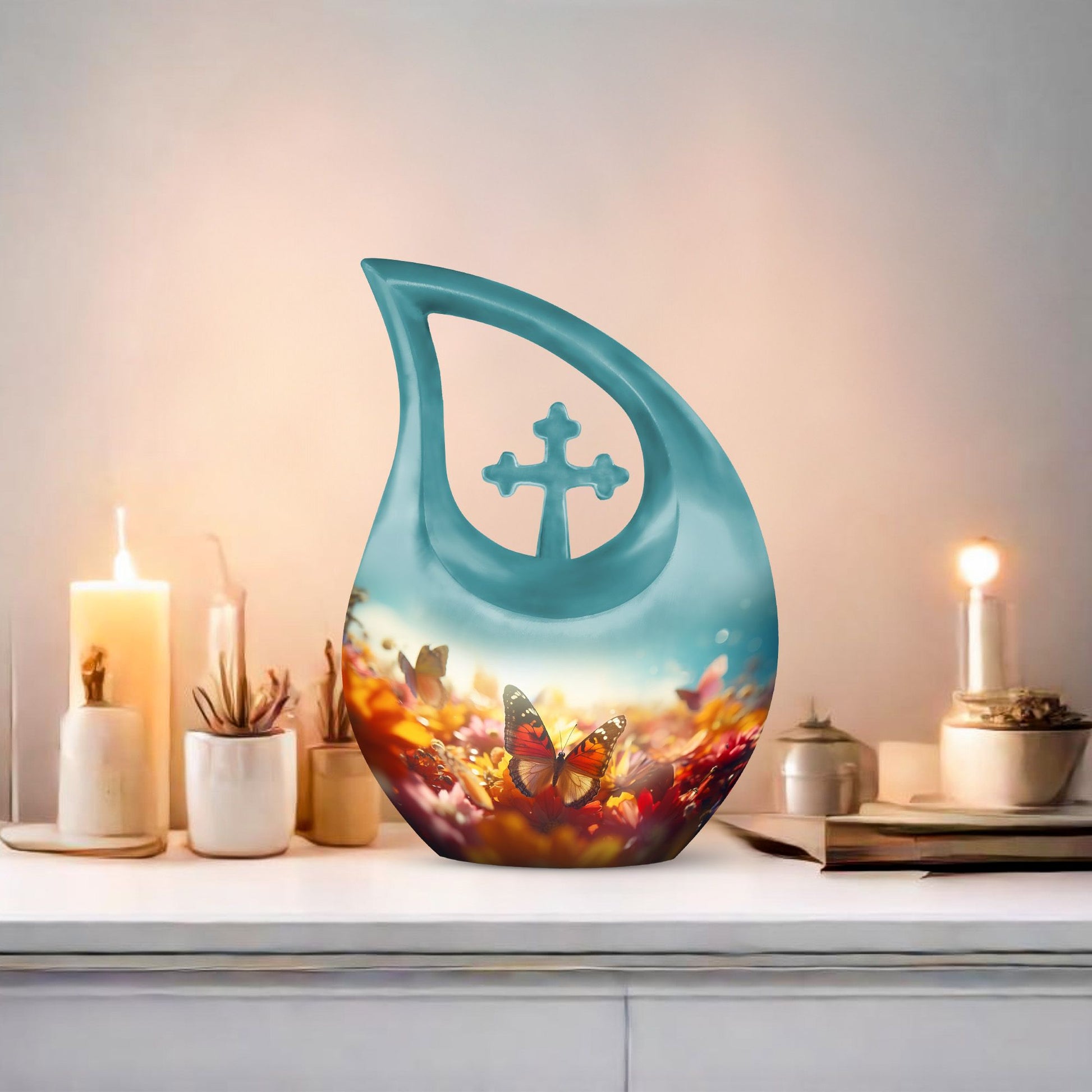 10-inch Butterfly Urn with Cross Drop design
