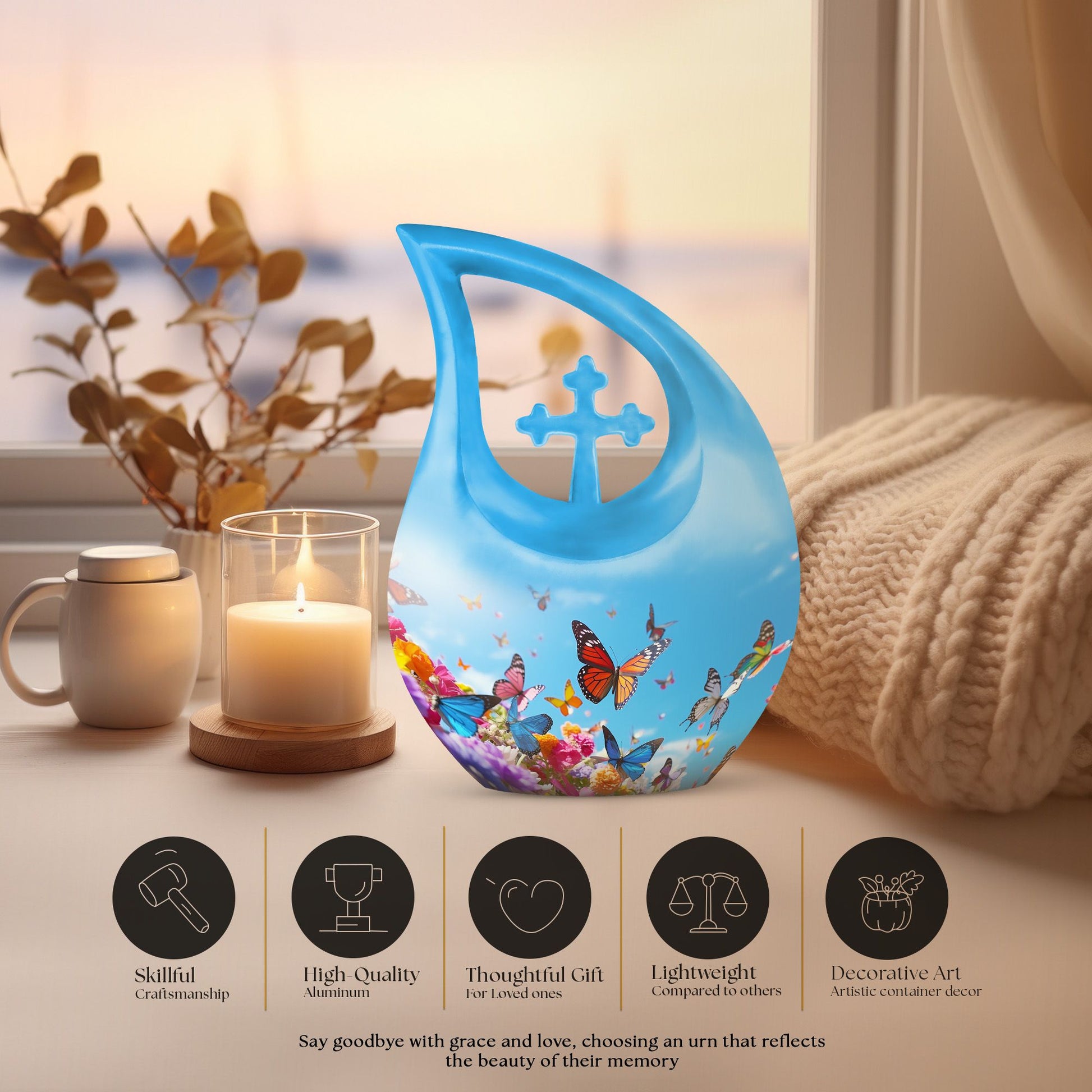Cross Drop design butterfly urn made of aluminium