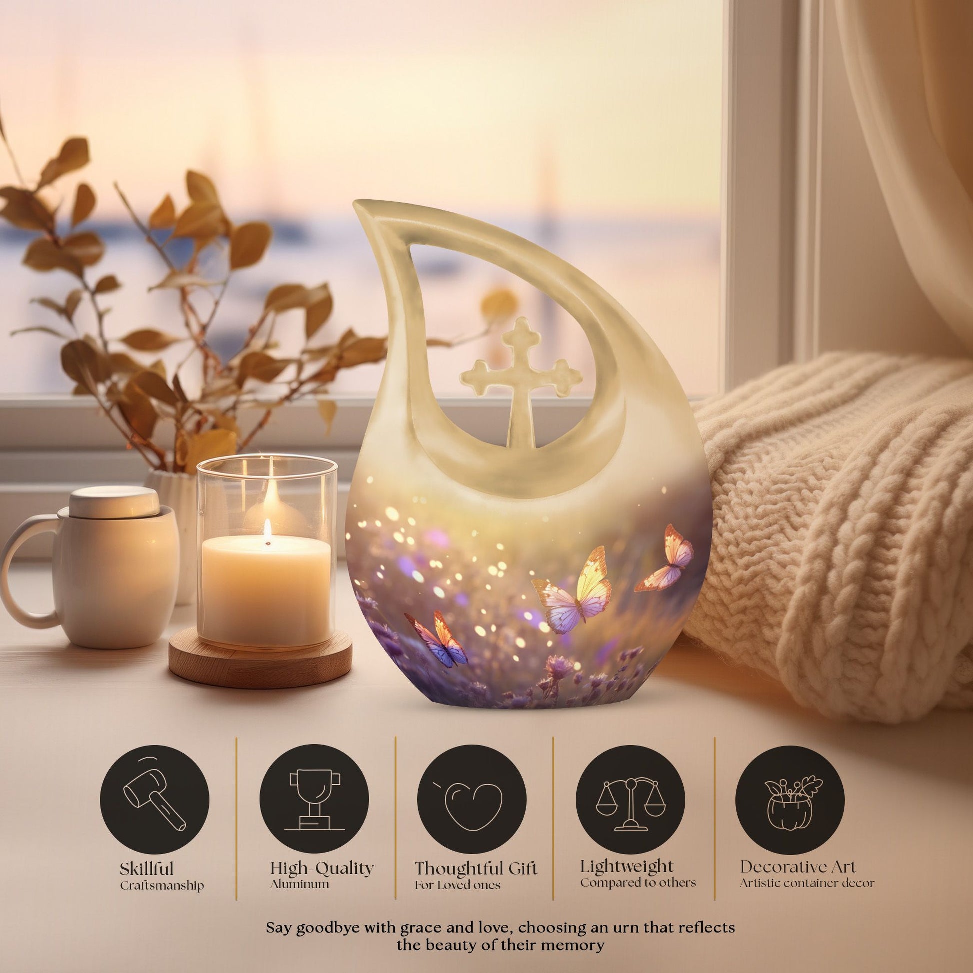 10 inch Butterfly Urn with Cross Drop design, 