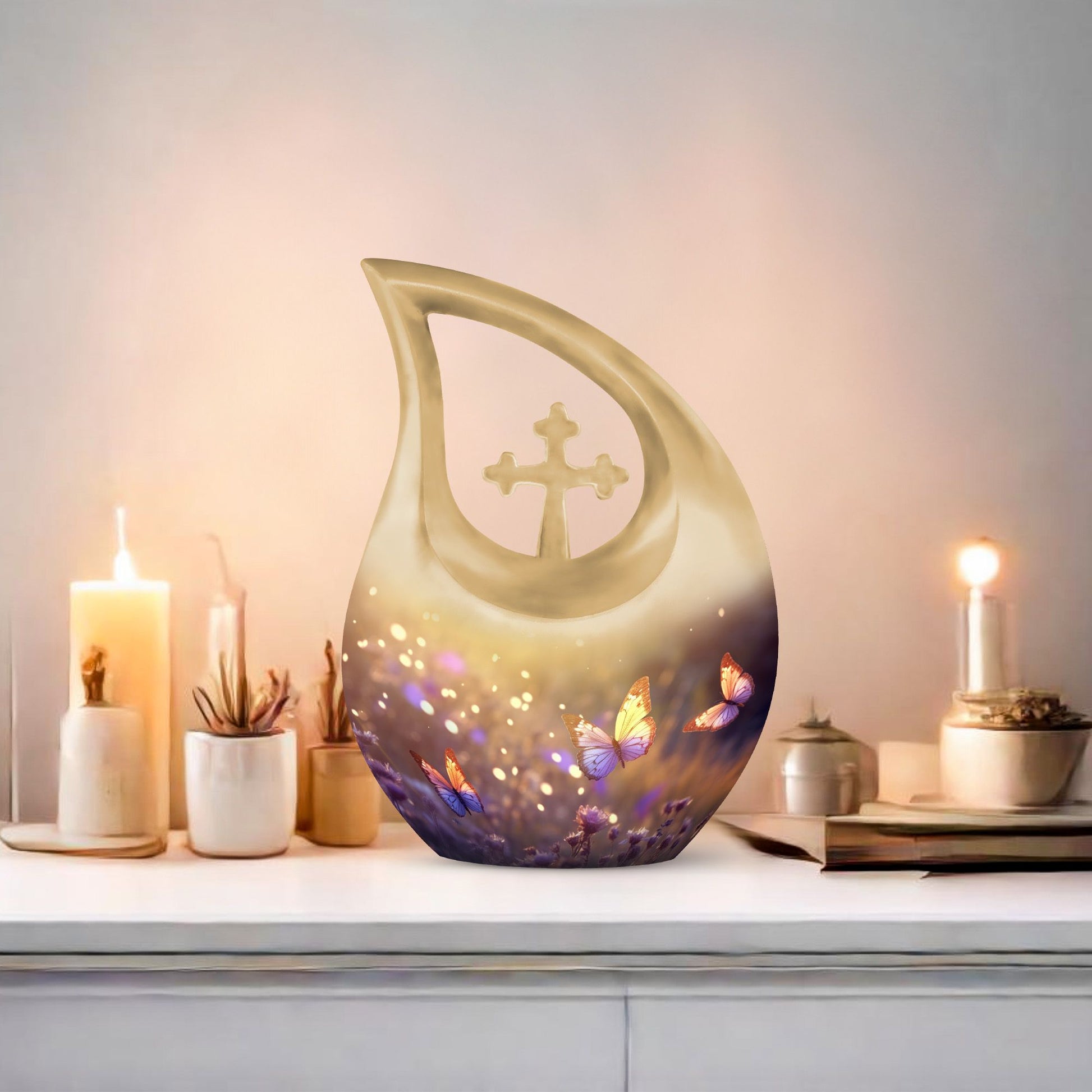 10 inch Butterfly Urn with Cross Drop design, 