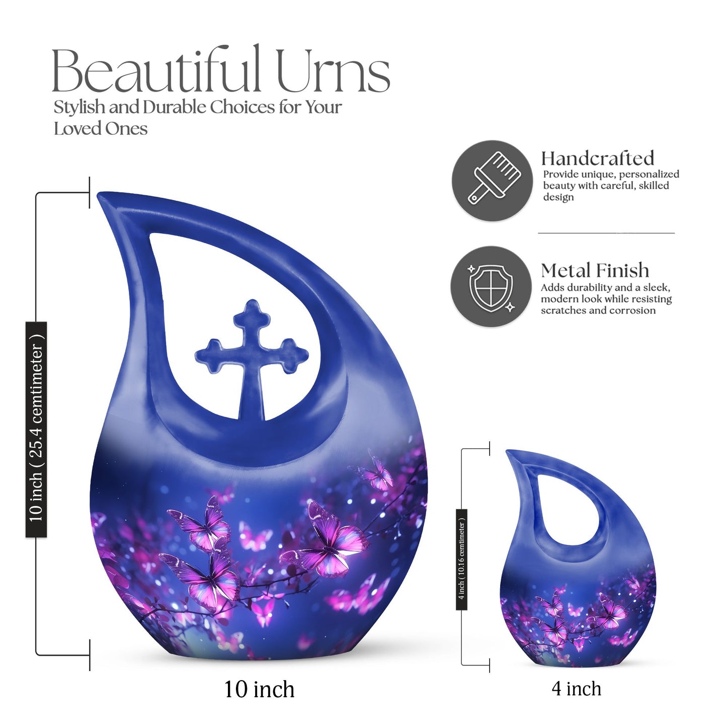 10 inch Butterfly Themed Aluminium Urn with Cross