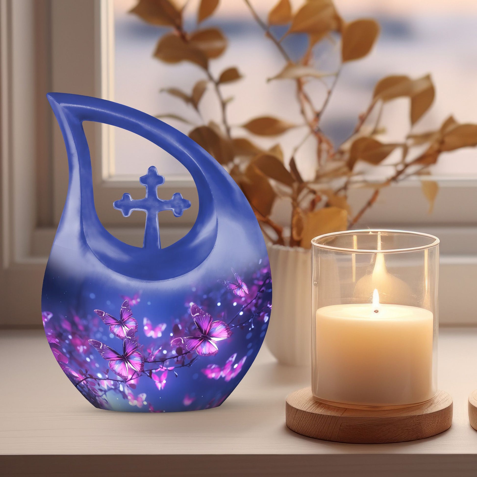 10 inch Butterfly Themed Aluminium Urn with Cross