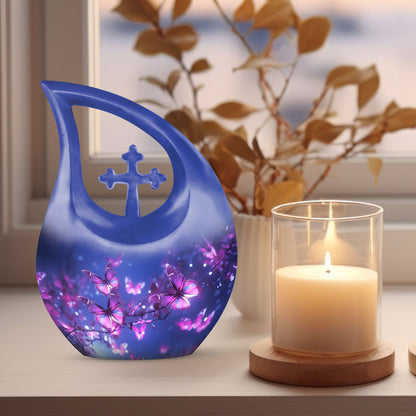 10 inch Butterfly Themed Aluminium Urn with Cross
