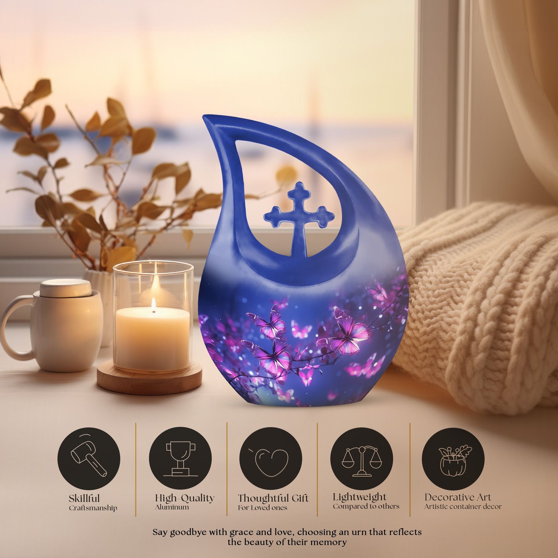 10 inch Butterfly Themed Aluminium Urn with Cross