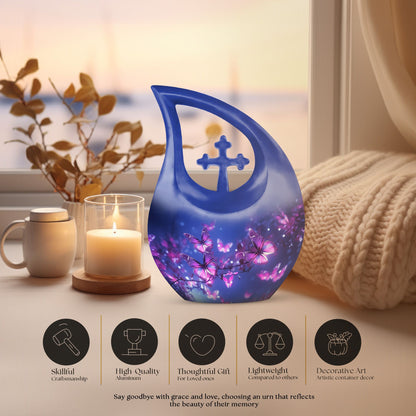 10 inch Butterfly Themed Aluminium Urn with Cross