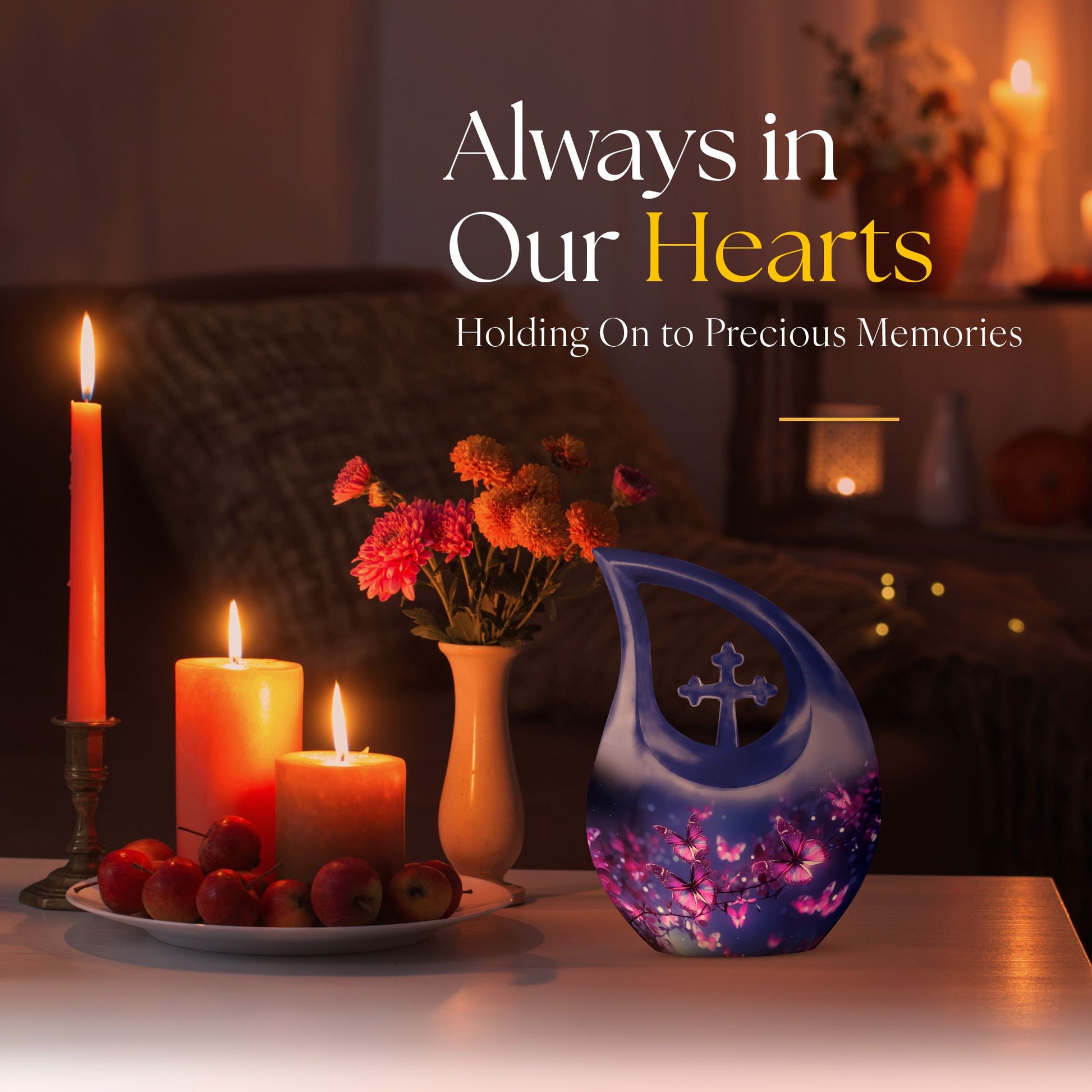 10 inch Butterfly Themed Aluminium Urn with Cross