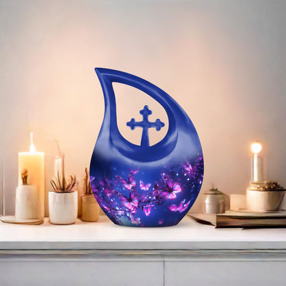 10 inch Butterfly Themed Aluminium Urn with Cross