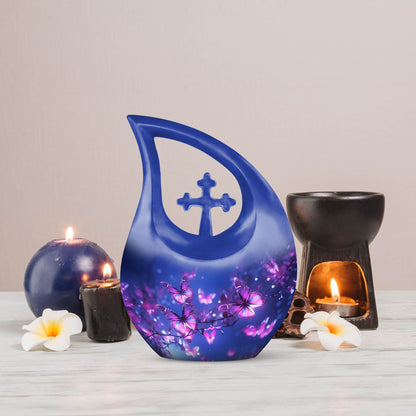 10 inch Butterfly Themed Aluminium Urn with Cross