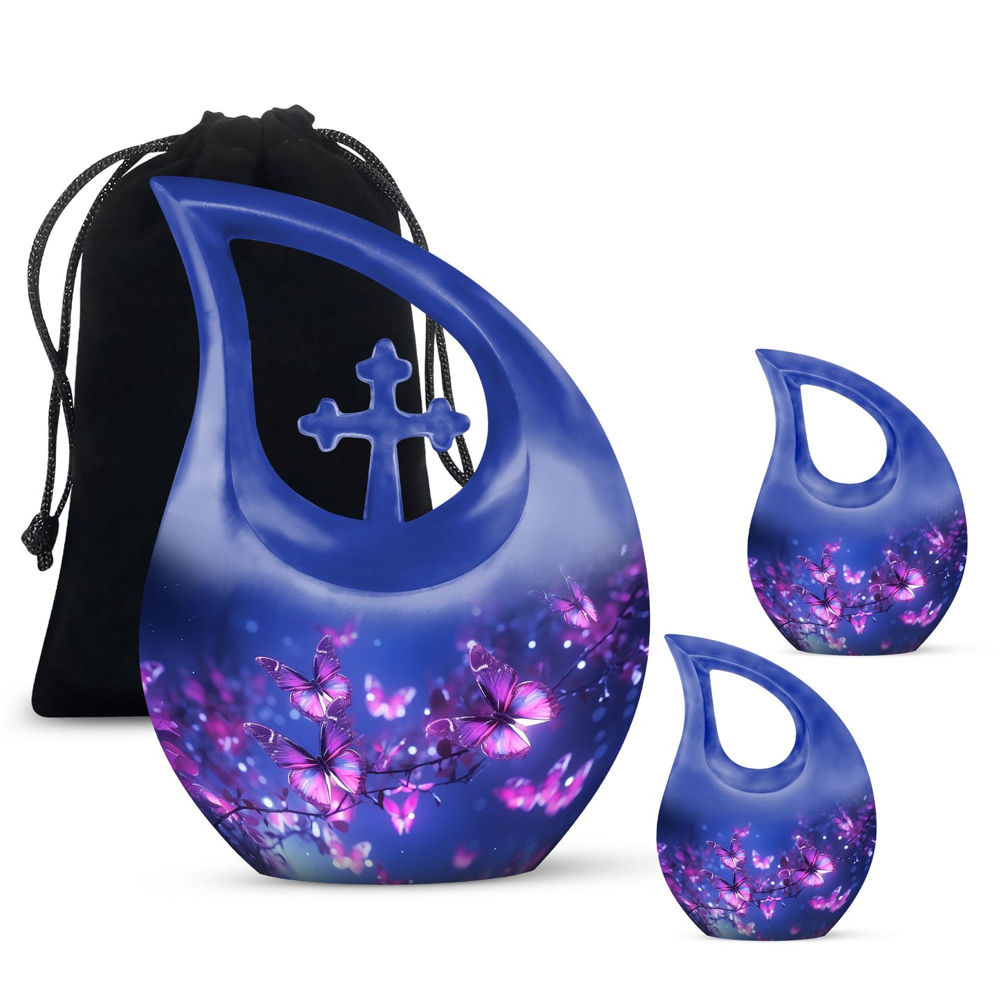 10 inch Butterfly Themed Aluminium Urn with Cross