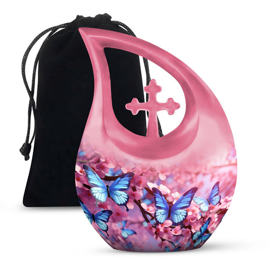 10-inch Butterfly Cross Drop Double Urn for cremated remains