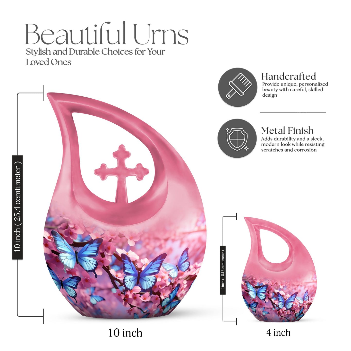 10-inch Butterfly Cross Drop Double Urn for cremated remains