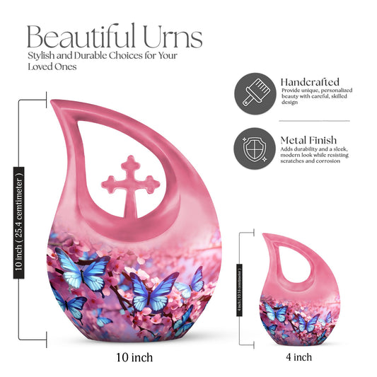 10-inch Butterfly Cross Drop Double Urn for cremated remains