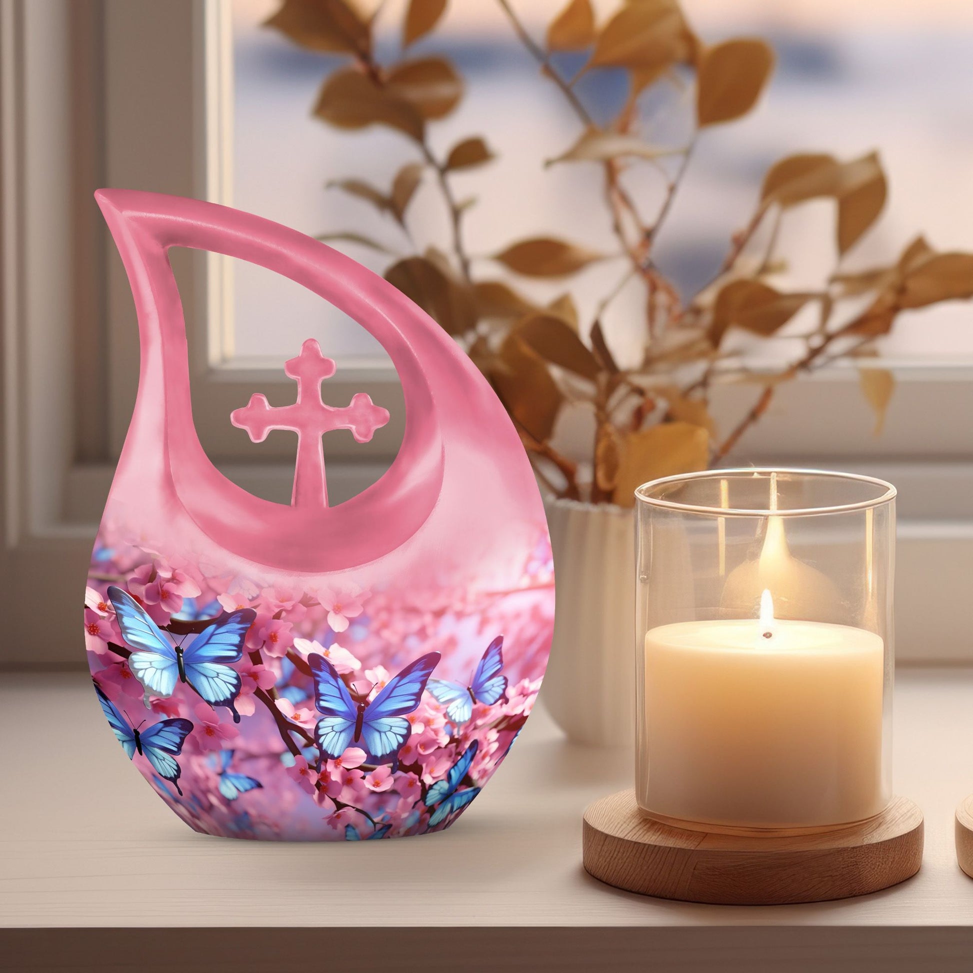 10-inch Butterfly Cross Drop Double Urn for cremated remains