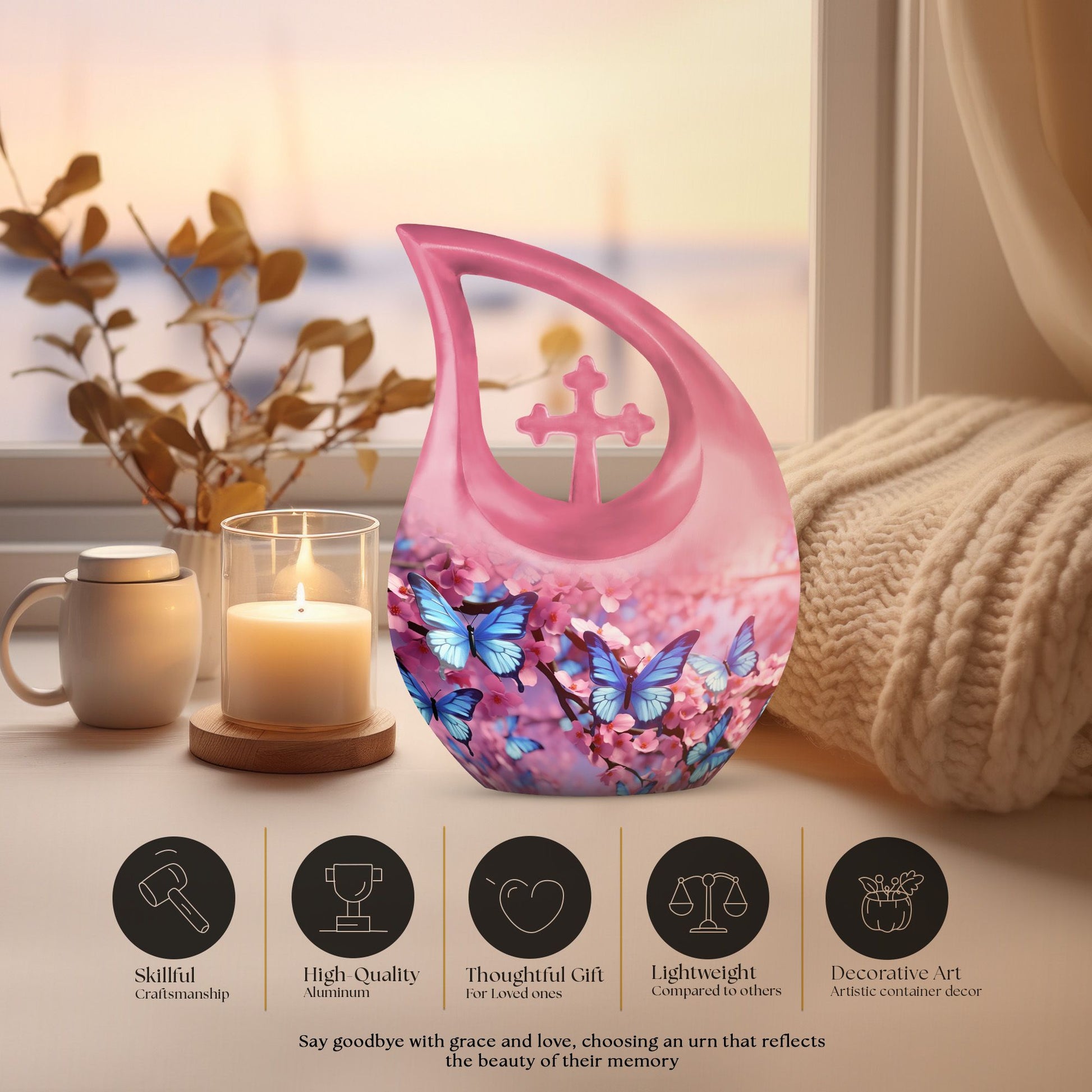 10-inch Butterfly Cross Drop Double Urn for cremated remains