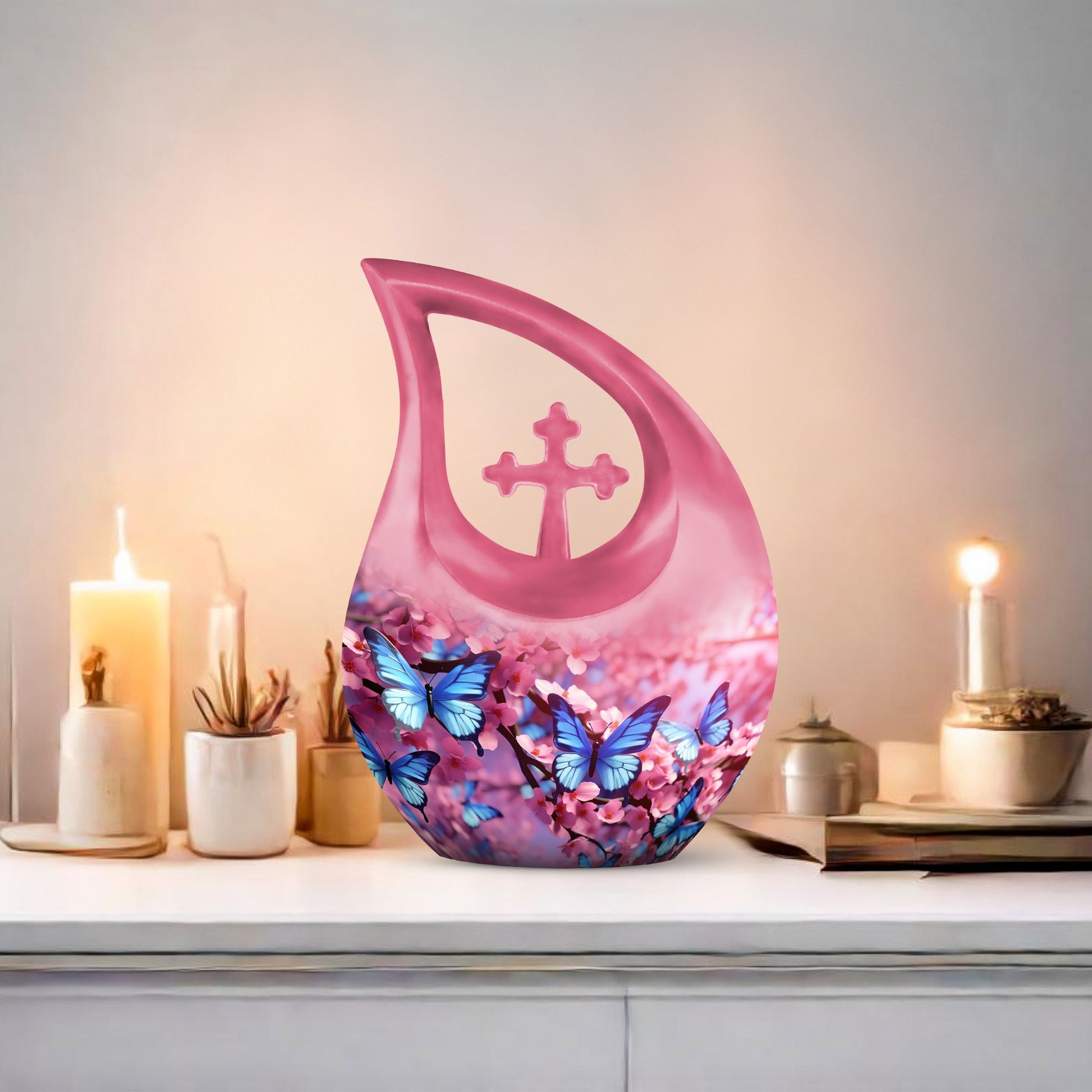10-inch Butterfly Cross Drop Double Urn for cremated remains