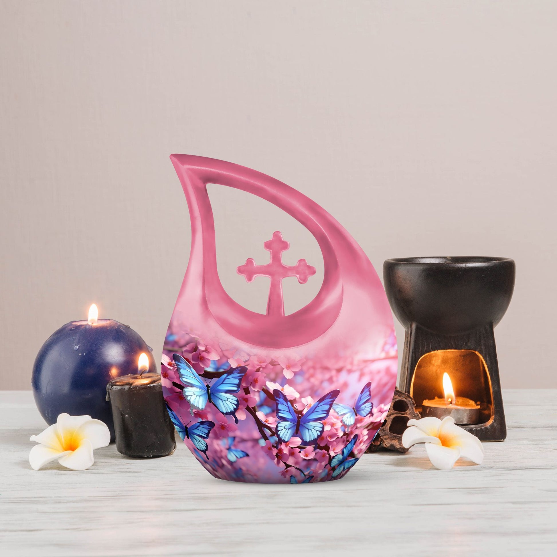 10-inch Butterfly Cross Drop Double Urn for cremated remains
