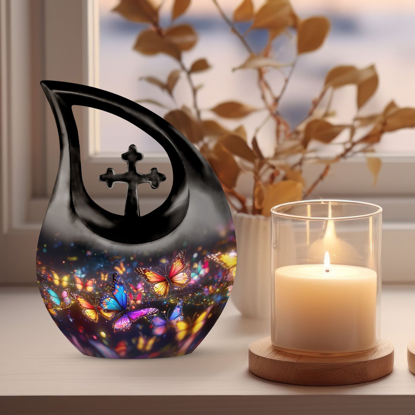 10-inch Butterfly Theme Cross Drop Cremation Urn 