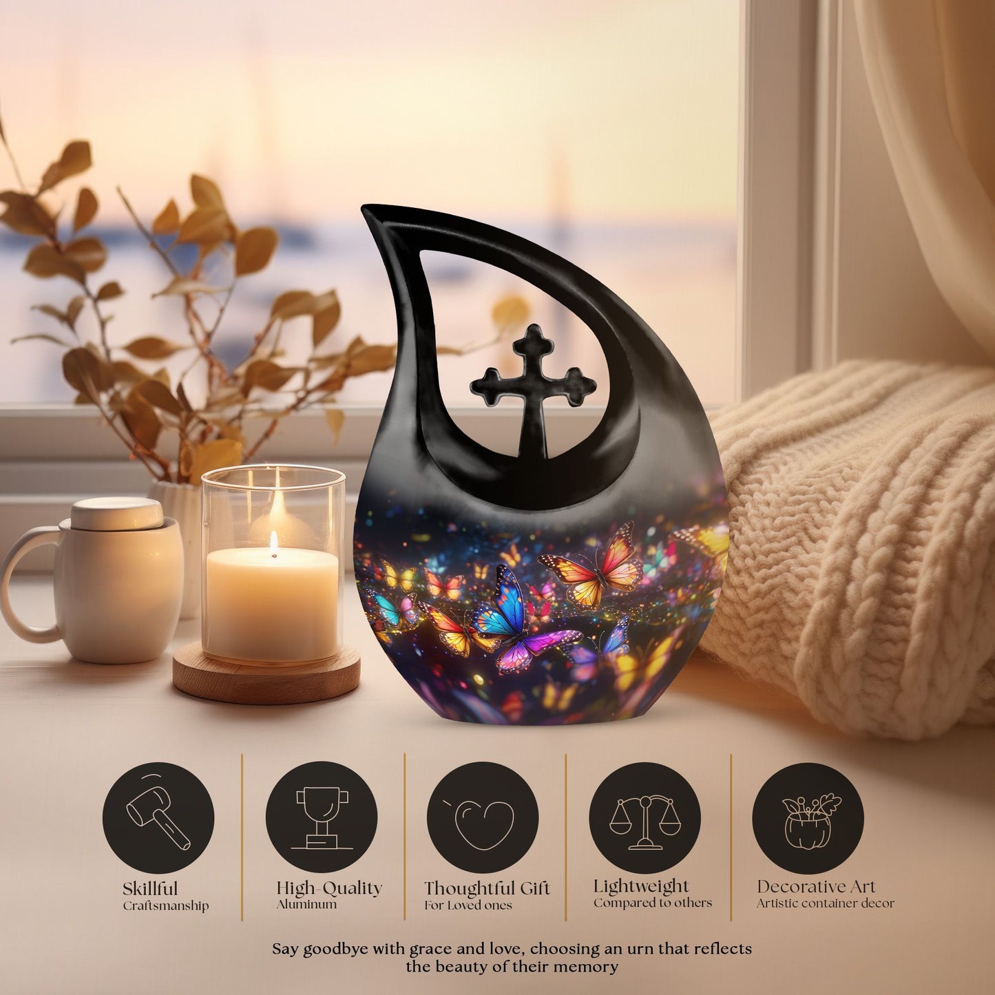 10-inch Butterfly Theme Cross Drop Cremation Urn 