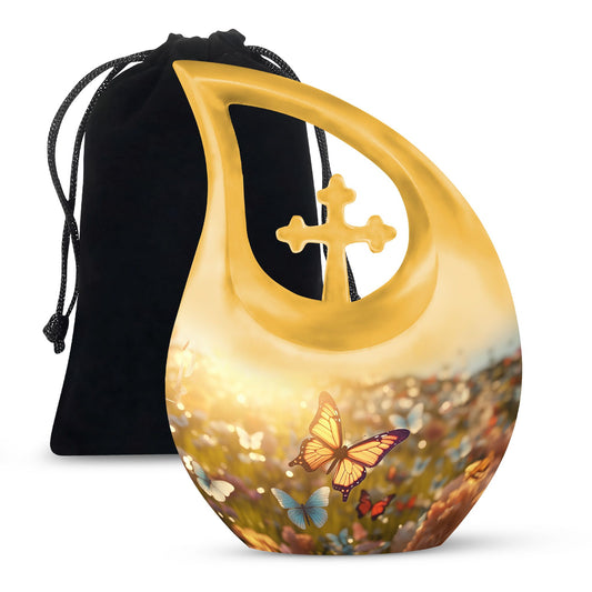 10 inch Butterfly-themed Cross Drop memorial urn,