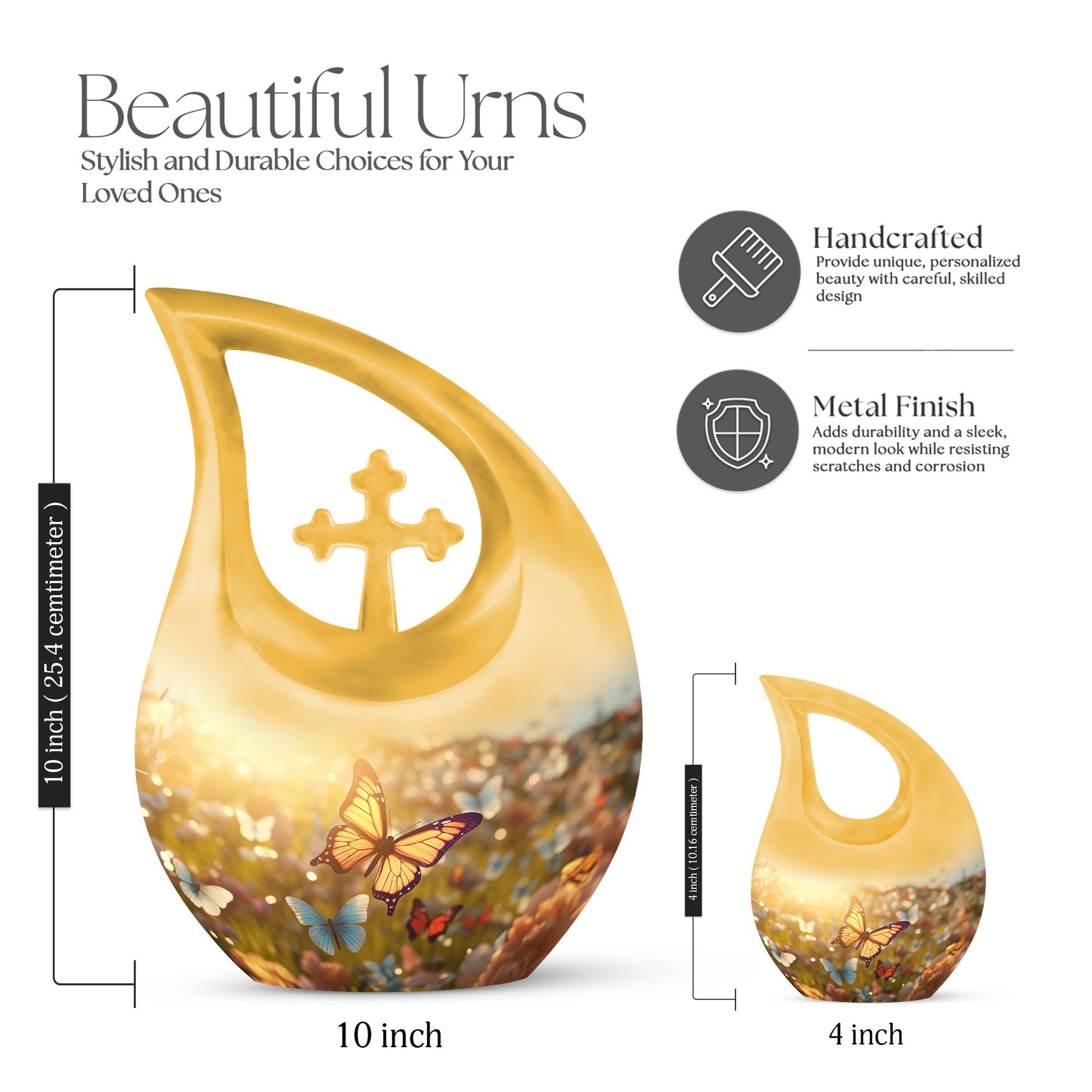 10 inch Butterfly-themed Cross Drop memorial urn,