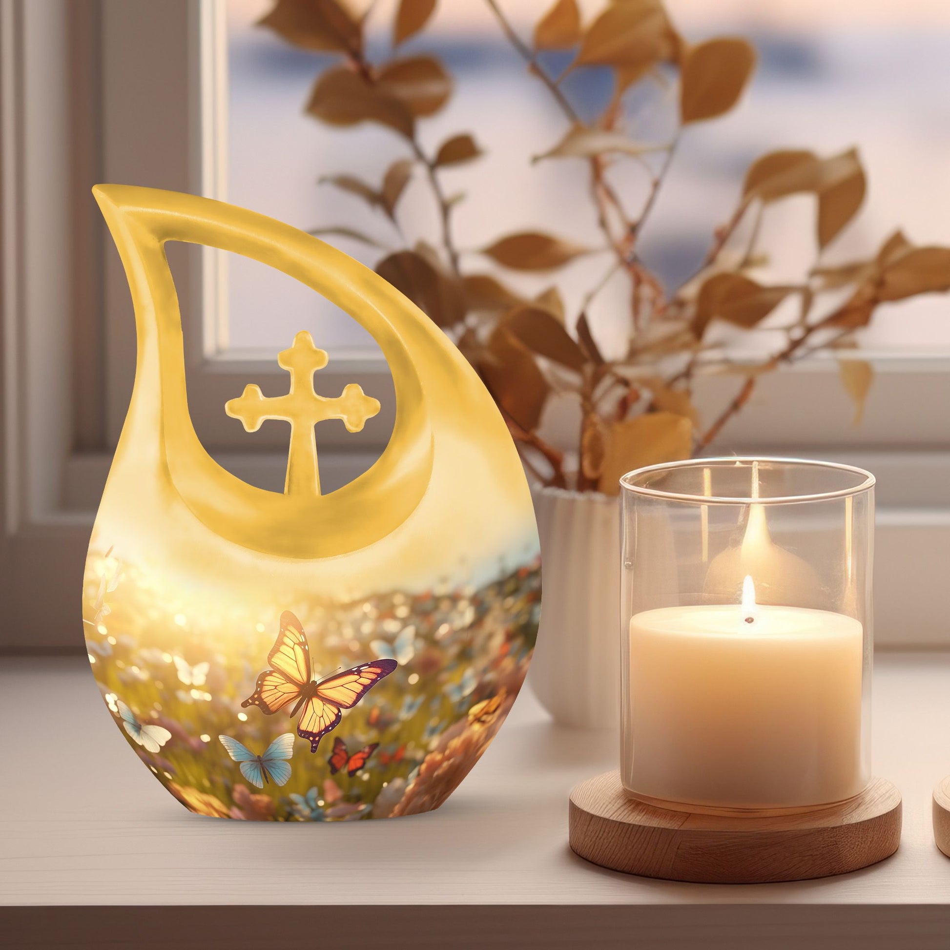10 inch Butterfly-themed Cross Drop memorial urn,